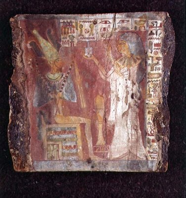 Det indre af sangerens, Toarnemihertis sarkofag, viser den afdøde, der ofrer røgelse til Osiris på tronen, tredje mellemperiode (malet sten) (se også 107960) af Egyptian 21st Dynasty