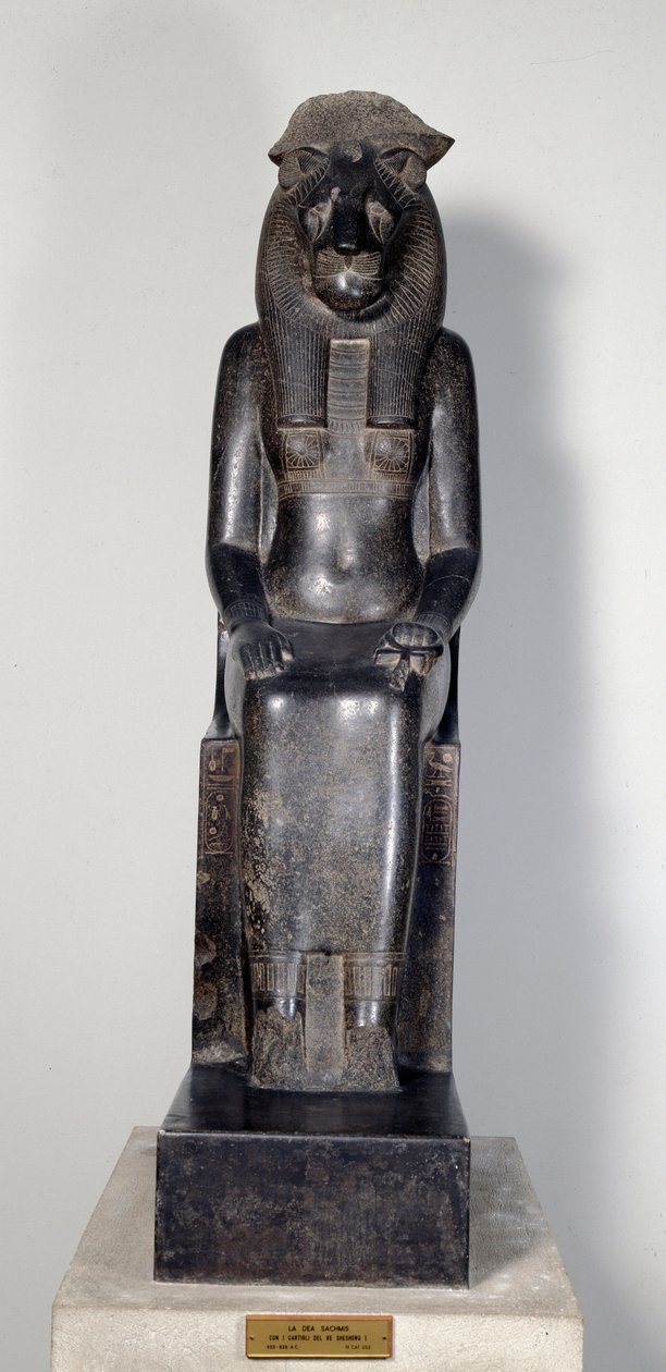 Egyptisk antikvitet: løvindeguden Sekhmet med patronen af kong Sheshonq I. Statue af sort granit. 950-929 f.Kr. Torino, egyptisk museum af Egyptian 22nd Dynasty