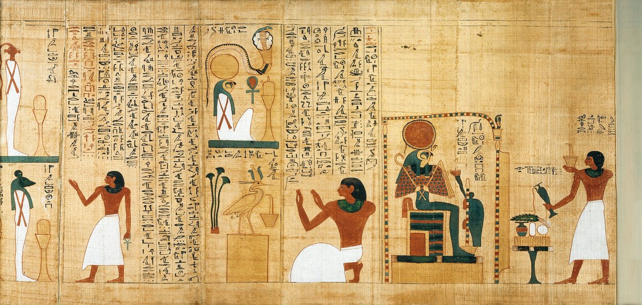 Mytologisk papyrus af Imenemsauf, hovedbærer af Amon. Detalje: ophidselse og libations til ære for Ra-Harakhti af Egyptian 22nd Dynasty