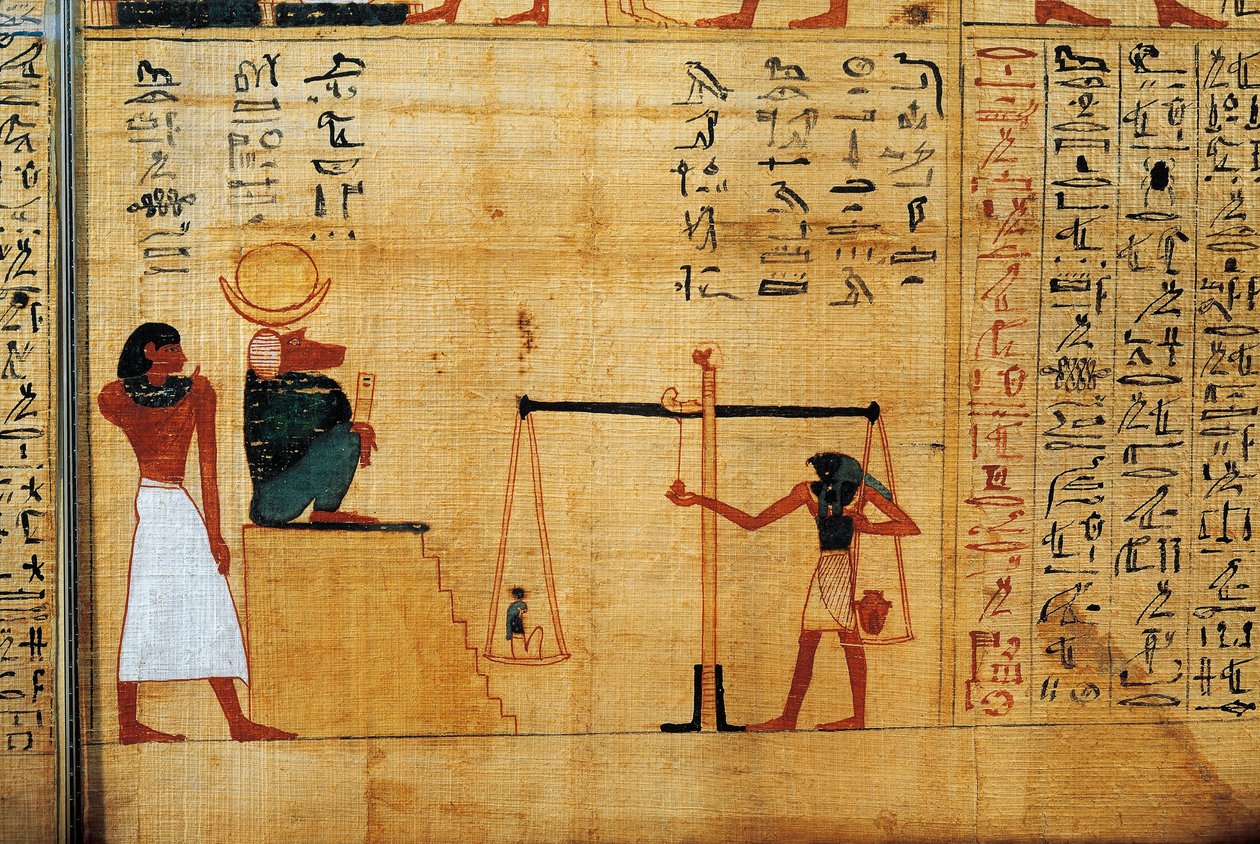 Mytologisk papyrus af Imenemsauf, hovedbærer af Amon. Detalje: vejning af sjælen foran bavianguden Thoth af Egyptian 22nd Dynasty