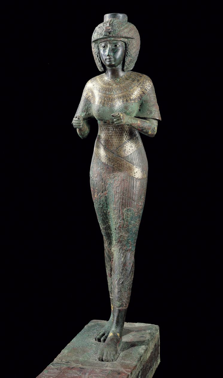 Statue af den guddommelige tilbederinde Karomama, tredje mellemperiode (bronze med guld, sølv og elektrum) (se også 127647) af Egyptian 22nd Dynasty