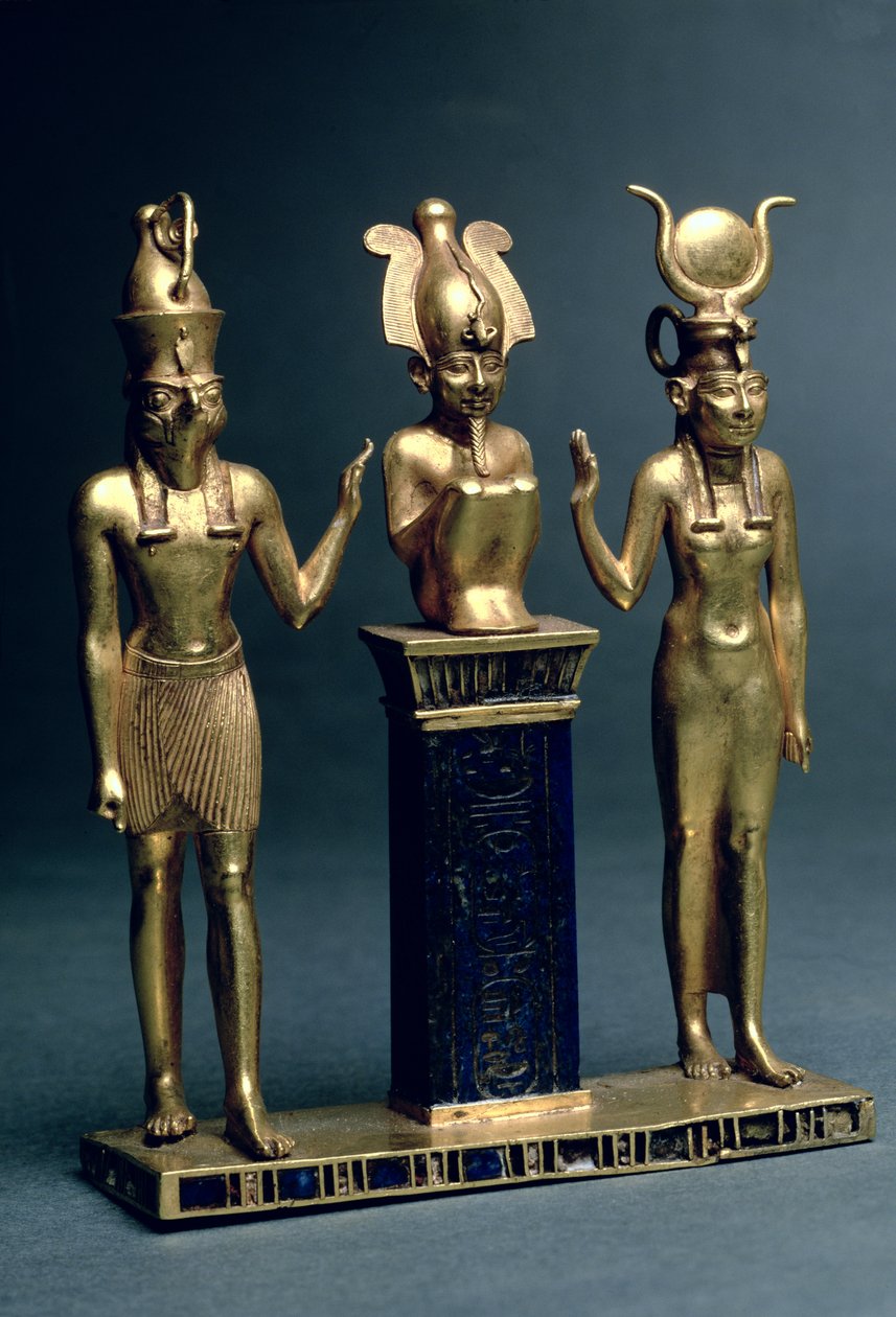 Triade af Osorkon II: Osiris flankeret af Isis og Horus, tredje mellemperiode, ca. 874-850 f.Kr. (guld & lapis lazuli) af Egyptian 22nd Dynasty