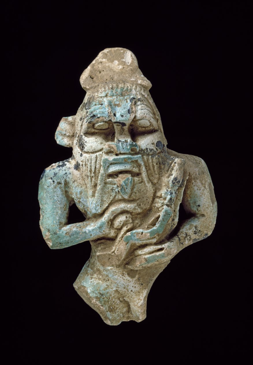 Fajanceamulet af Bes, der ammer en Horus, ca. 770-715 f.Kr. glaseret fajance af Egyptian 25th Dynasty
