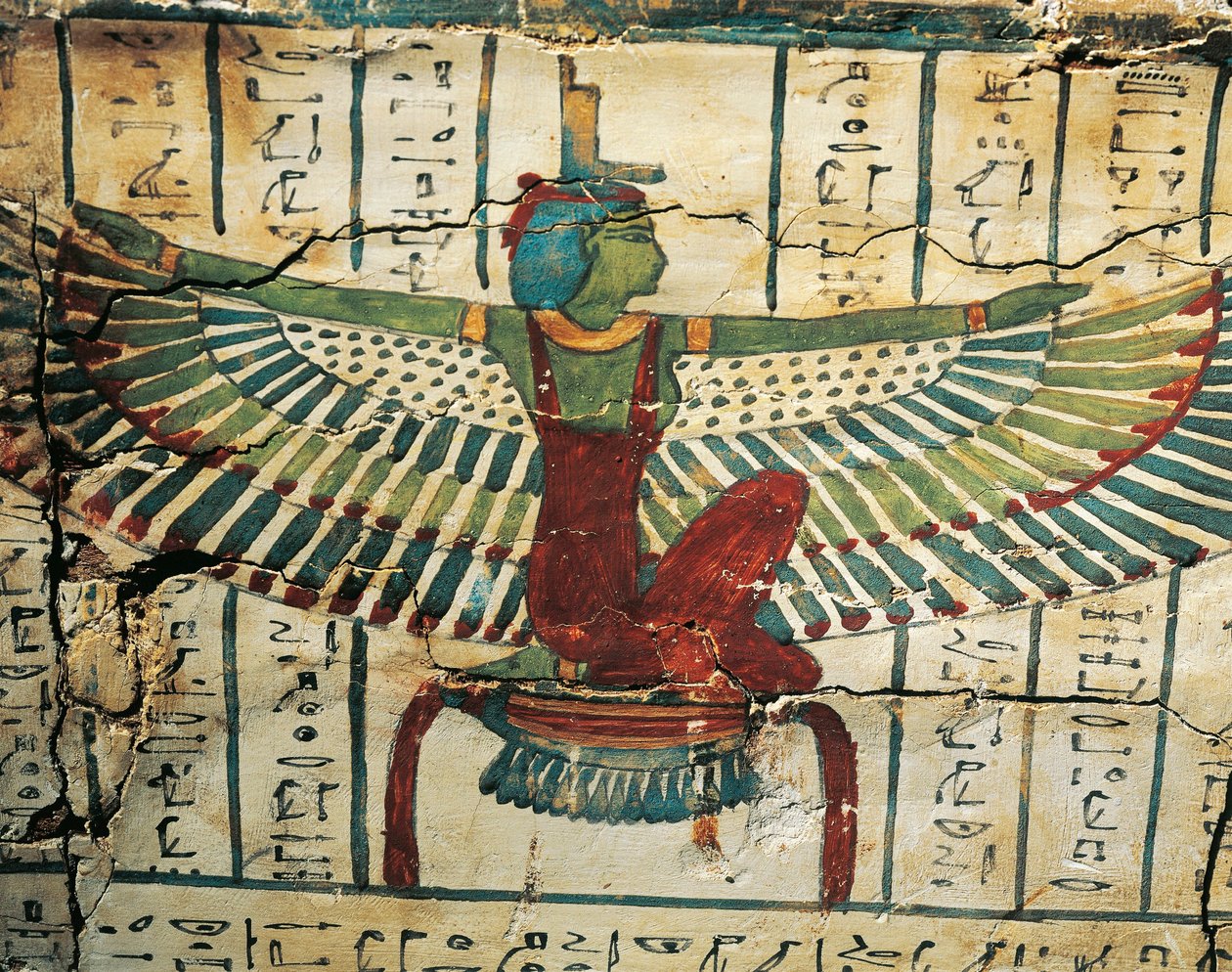 Maalattua, lakattua puuta, joka kuvaa jumalatar Isis levitetyillä siiveillä Cesraperetin sarkofagilla Länsi-Thebestä af Egyptian 25th Dynasty