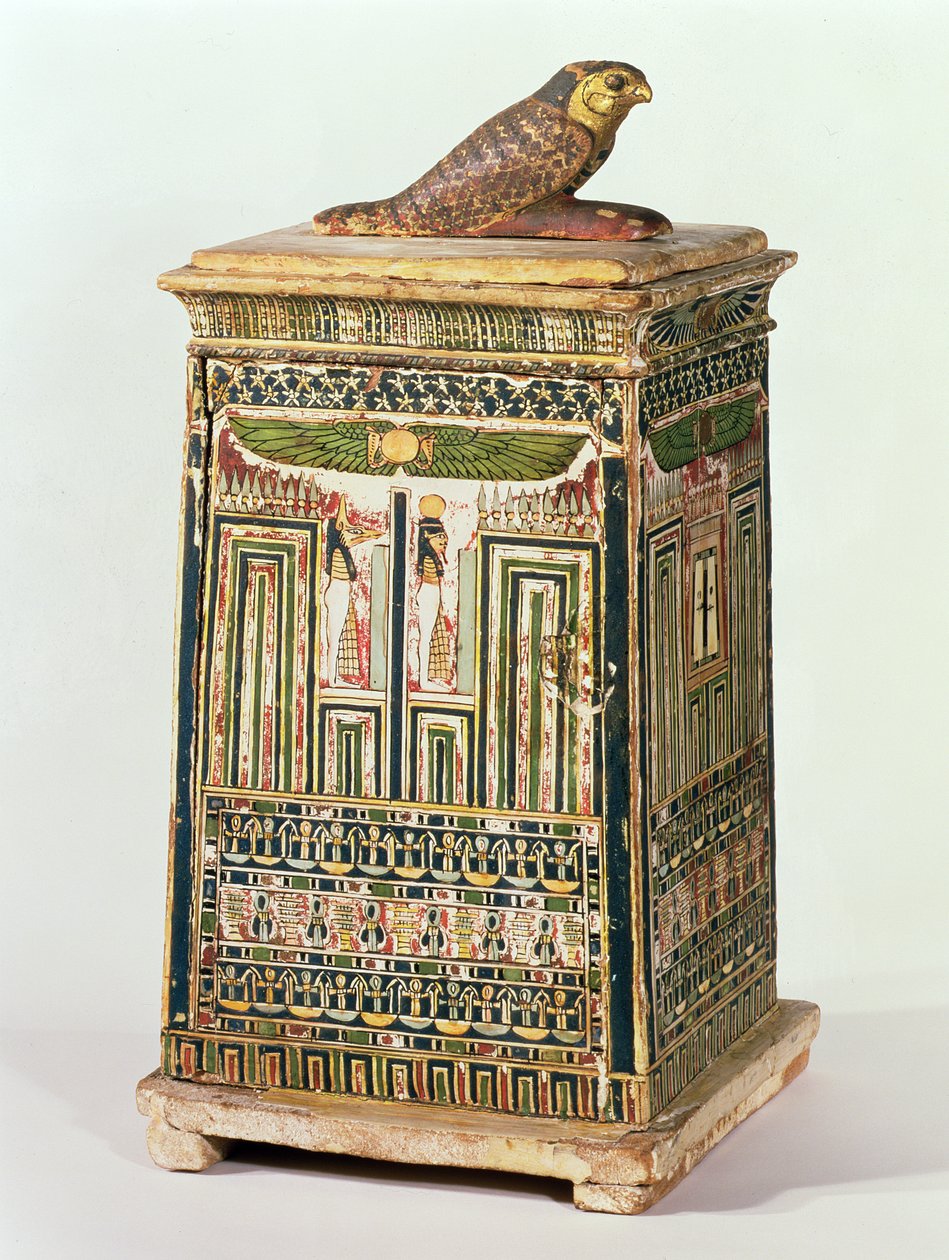 Canopic krukkeæske, fra Saqqara, sen periode (polykrom og forgyldt træ) af Egyptian 26th Dynasty