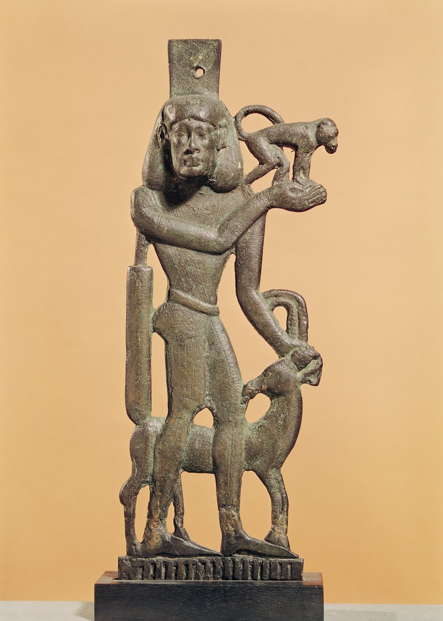 Figur af en mand, der holder en abe med en stenbuk, der slikker sit knæ, Saite Periode (bronze) af Egyptian 26th Dynasty