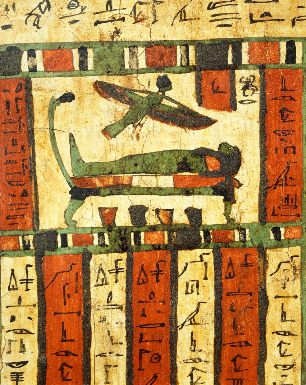 Pudset og malet træ, der forestiller afdøde på dødslejet, mens sjæl, Ba, flyver mod efterlivet, fra sarkofagen fra Tashakheper, Theben af Egyptian 26th Dynasty