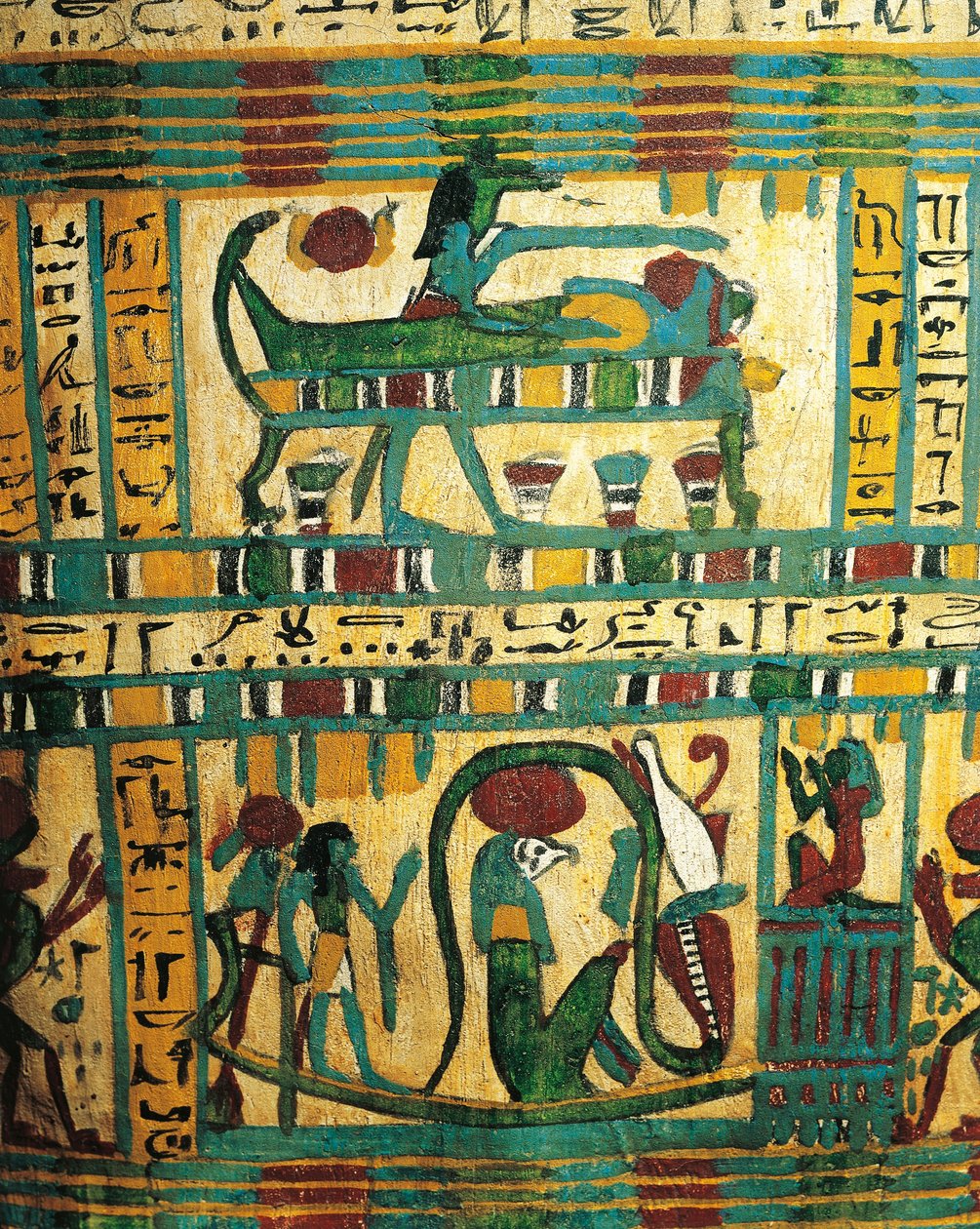 Pudset og malet træ, der forestiller gud Anubi, der beskytter afdødes mumie og solbåd med gud Ra, fra Sarcophagus of Usai, Theben af Egyptian 26th Dynasty