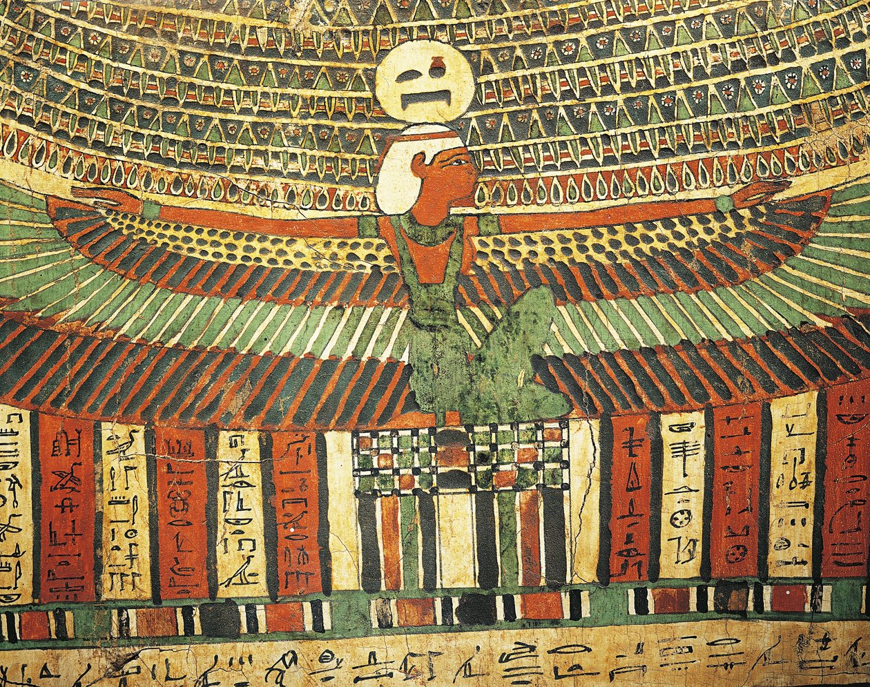 Pudset og malet træ, der forestiller gudinden, der beskytter en falsk dør, der fører til livet efter døden, fra Sarkofagen fra Tashakheper, Theben af Egyptian 26th Dynasty
