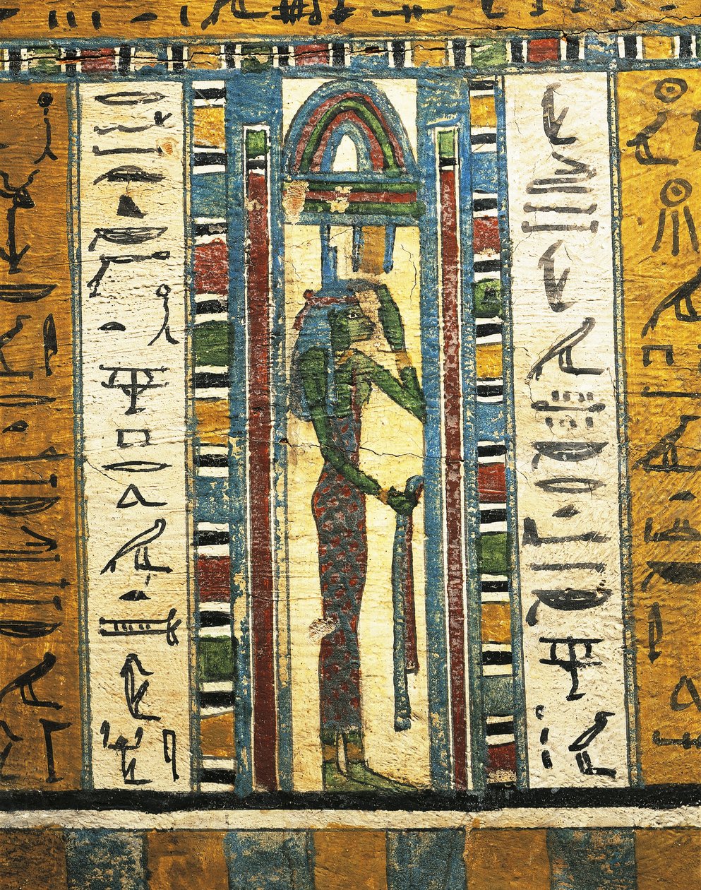 Pudset og malet træpanel, der forestiller gudinden Isis, fra Sarcophagus of Usai, Theben af Egyptian 26th Dynasty