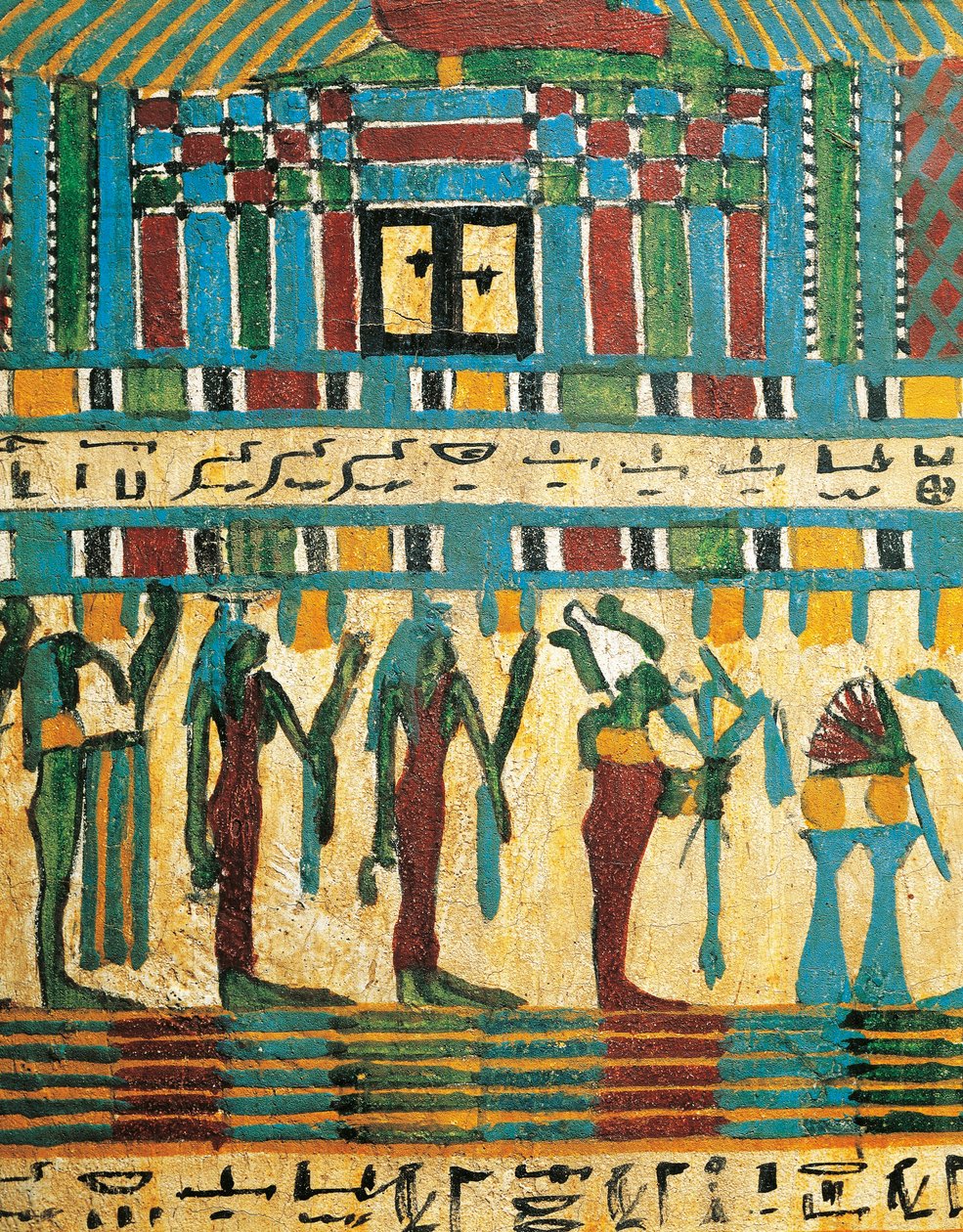 Pudset og malet træpaneldetalje med dommekammer og gud Osiris efterfulgt af guddommeligheder, fra Sarcophagus of Usai, Theben af Egyptian 26th Dynasty