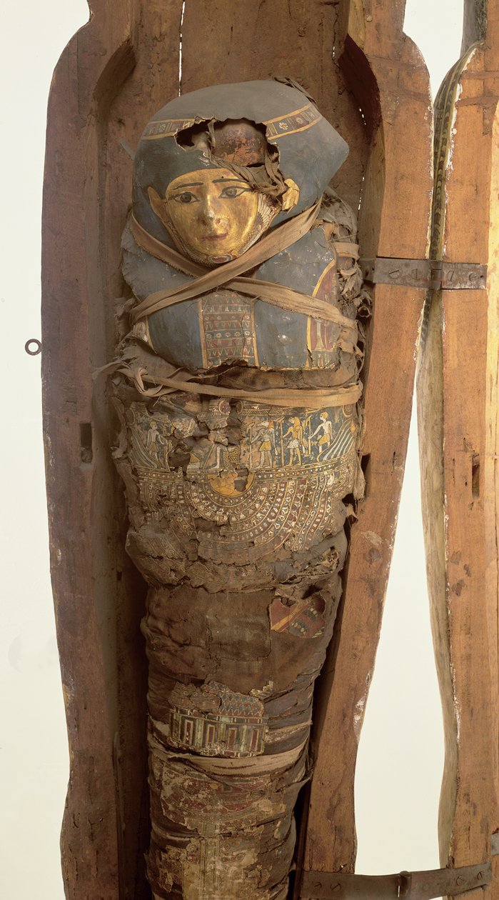 Sarkofag og mumificeret krop af Psametik I (664-610 f.Kr.) Sen periode af Egyptian 26th Dynasty
