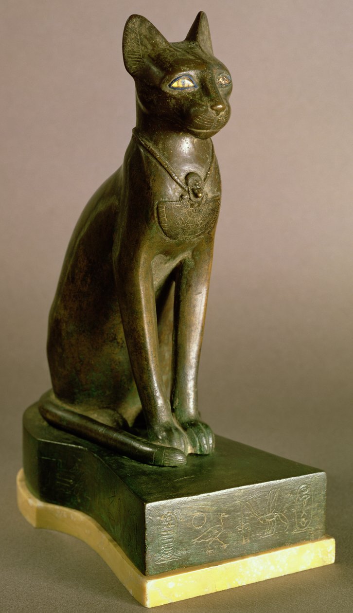Statuette af en kat, der repræsenterer gudinden Bastet, bærende kartouchen af Psamtek I, Saite Periode, ca. 664-610 (bronze og guld) af Egyptian 26th Dynasty