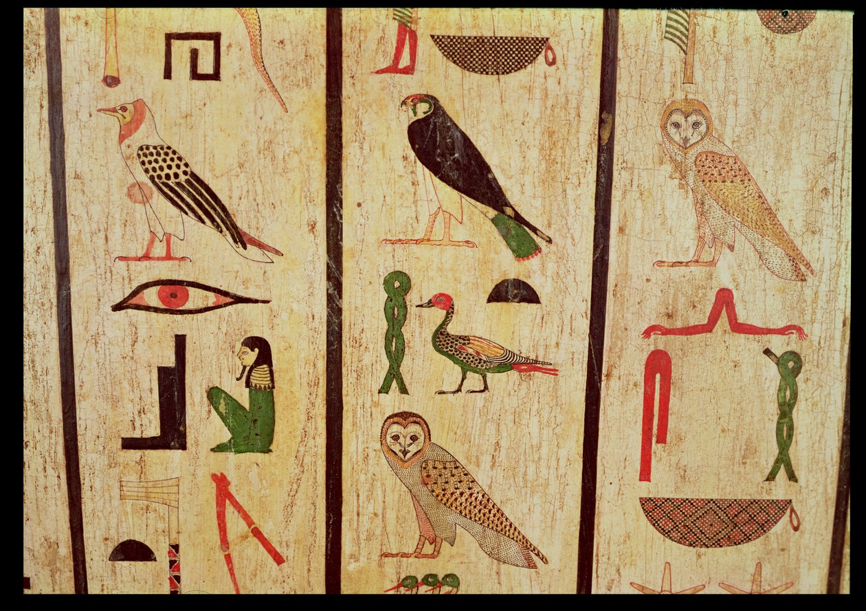 Sarkofagen af Psamtik I (664-610 f.Kr.) detalje af hieroglyfer, sen periode (malet træ) af Egyptian 26th Dynasty