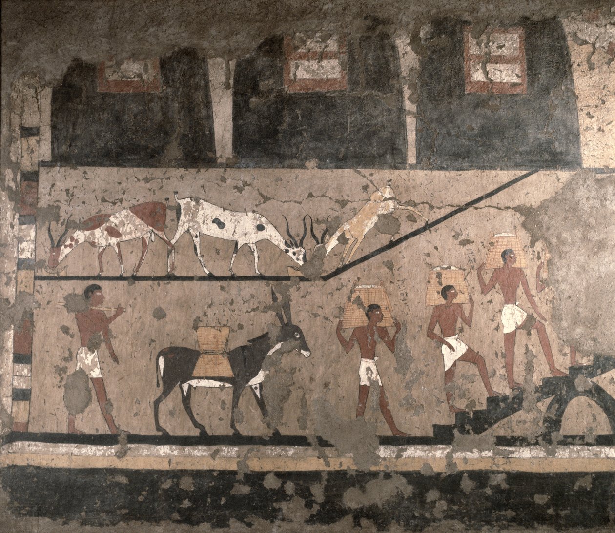 Landbrugsscene, vægmaleri fjernet fra Mastaba of Ti ved Sakkara, Old Kingdom, ca. 2494-2345 f.Kr. (malet kalksten) af Egyptian 5th Dynasty