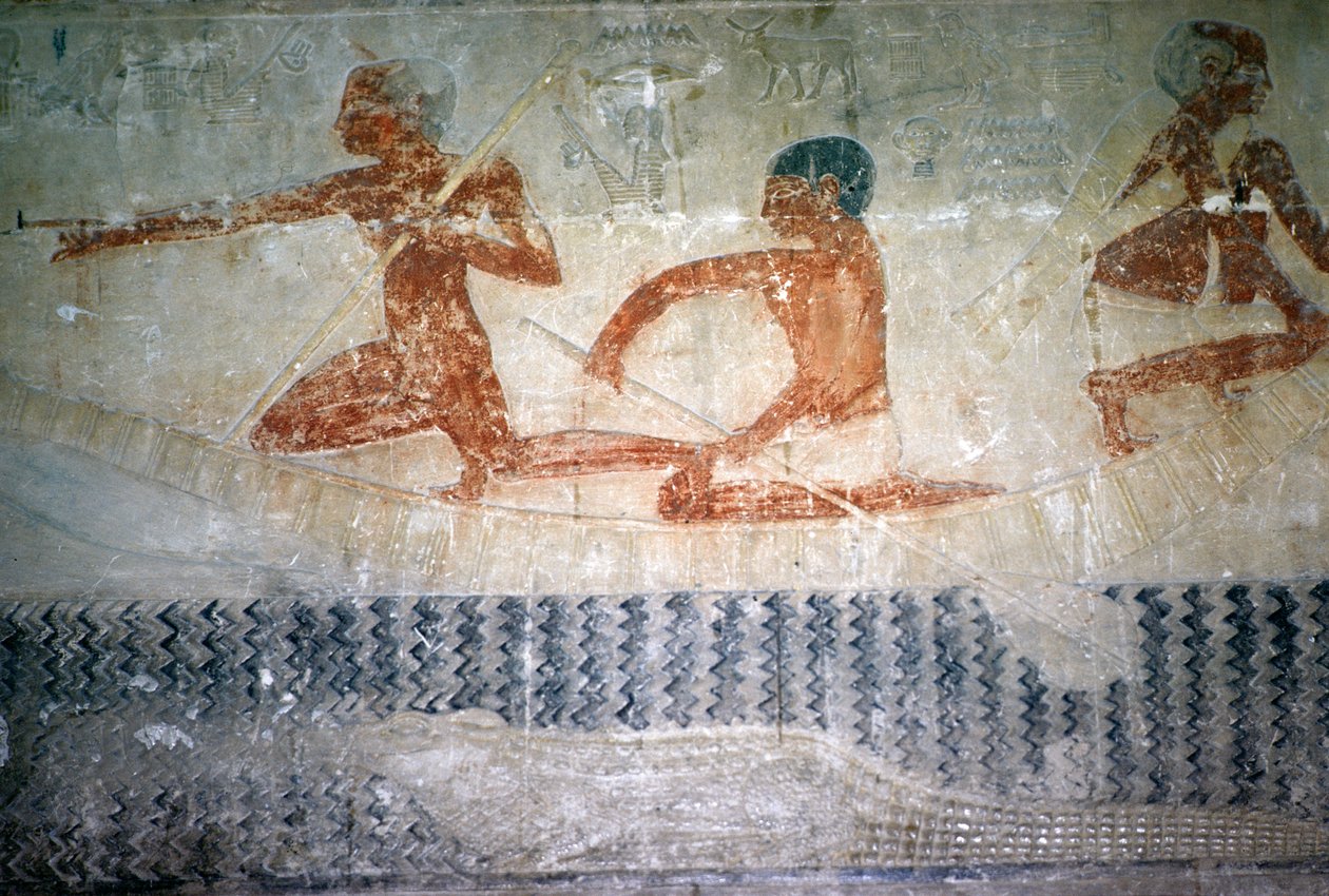 Fiskere og en krokodille fra nordvæggen af Mastaba Chapel of Ti, Old Kingdom (vægmaleri) af Egyptian 5th Dynasty