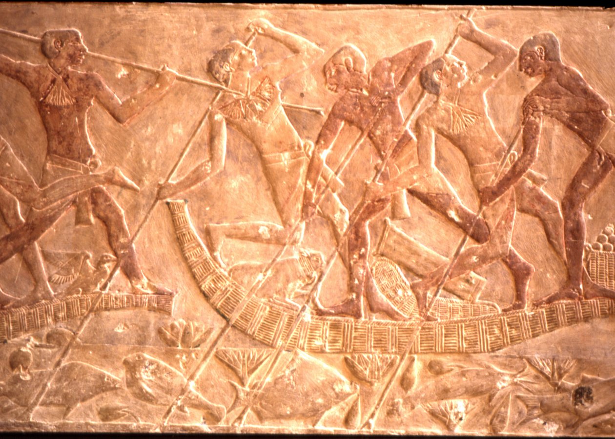 Mænd, der spyr fisk fra papyrusbåd, Ptah-Hotep-graven, 5. dynasti (foto) af Egyptian 5th Dynasty