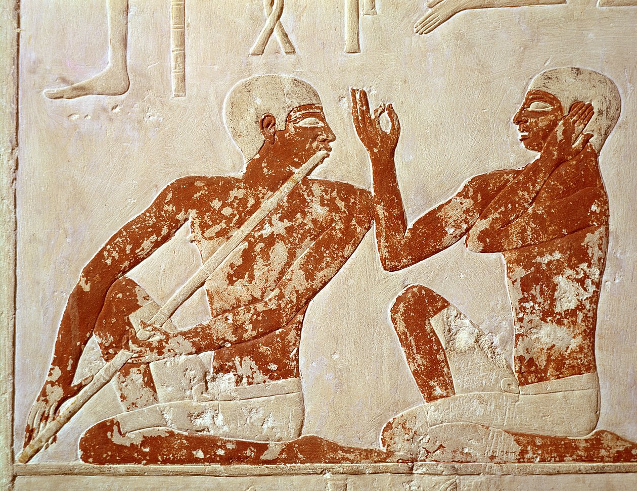 Malet relief, der forestiller en fløjtespiller og en sanger ved en begravelsesbanket, fra Nenkhefetkas grav, Saqqarah, Det Gamle Kongerige, ca. 2400 f.Kr. (vægmaleri) af Egyptian 5th Dynasty