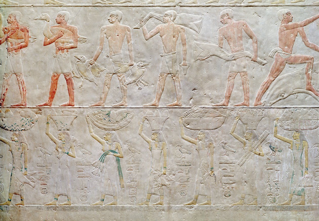 Relief, der viser mennesker, der bærer ofre af mad, fra Mastaba i Akhethotep, Det Gamle Kongerige, ca. 2400 f.Kr. (malet kalksten) af Egyptian 5th Dynasty
