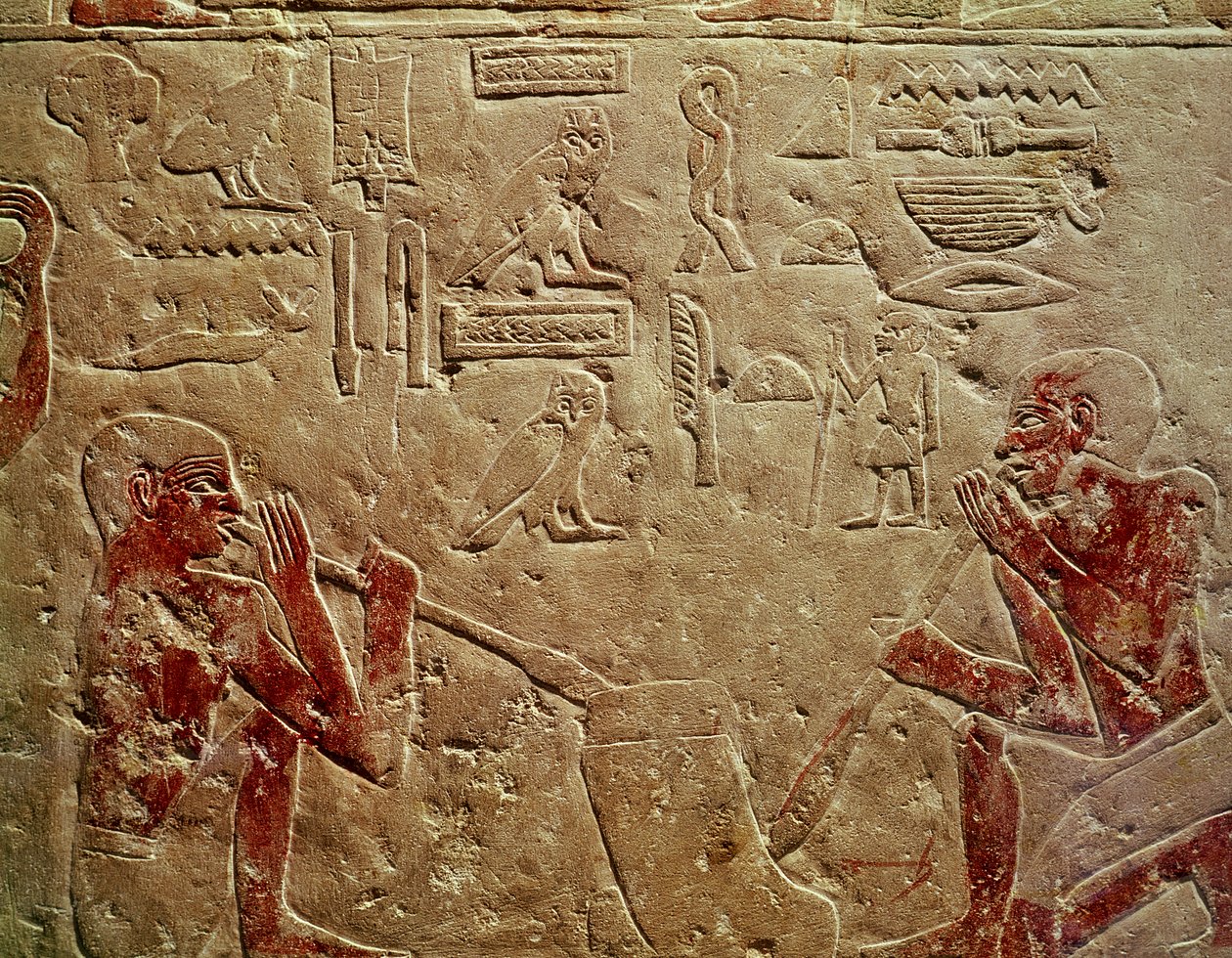 Relief forestillende glaspustere, fra Mastaba i Kaemrehu, Saqqara, Det Gamle Kongerige, ca. 2325 f.Kr. (malet kalksten) af Egyptian 6th Dynasty