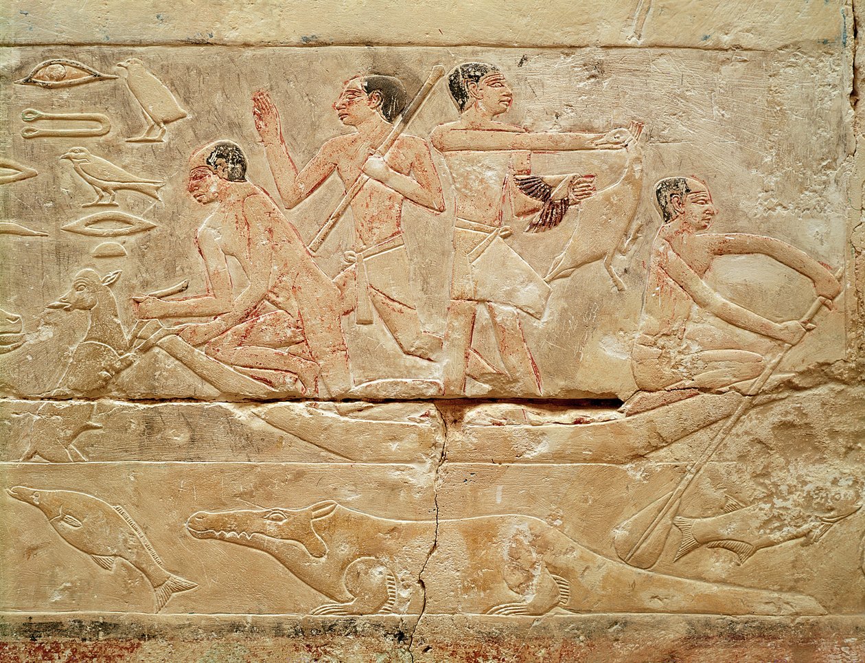 Relief af mænd i en båd, fra Prinsesse Iduts grav, Det Gamle Kongerige, ca. 2330 f.Kr. (malet kalksten) af Egyptian 6th Dynasty