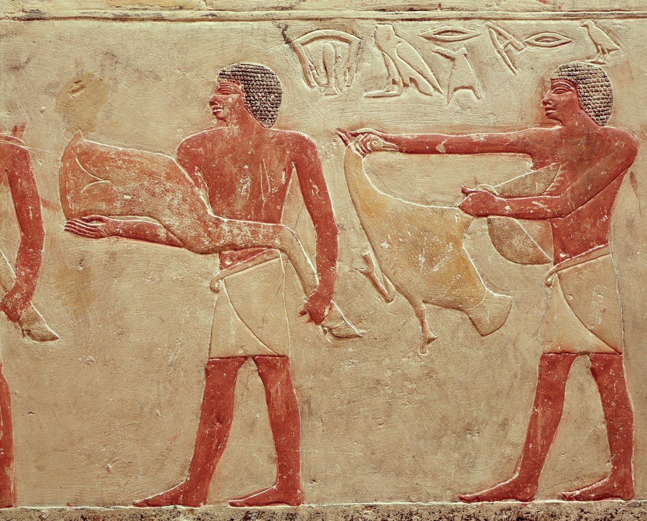 Relief, der viser tjenere, der bærer en bunke oksekød og en and, fra prinsesse Iduts grav, Det gamle kongerige, ca. 2330 f.Kr. (malet kalksten) af Egyptian 6th Dynasty