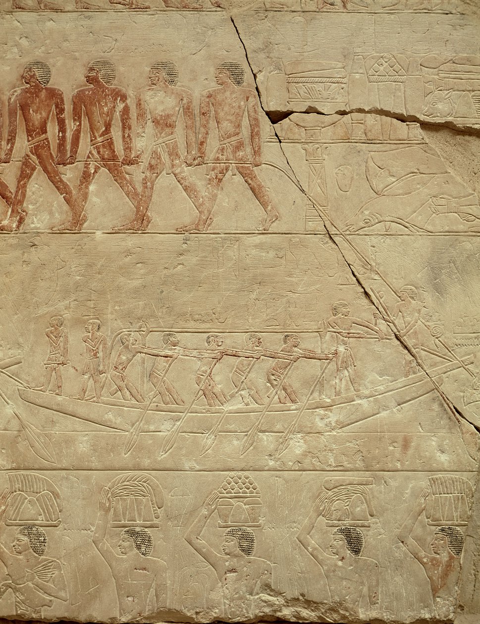 Bugsering af en båd, fra Mastaba of Mereruka, Old Kingdom (malet kalksten) af Egyptian 6th Dynasty