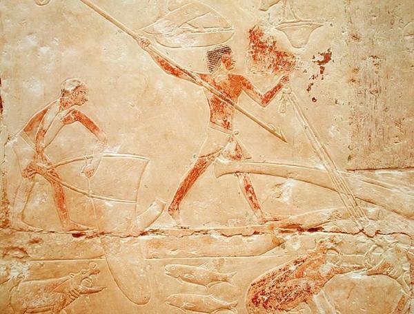 Relief, der viser fiskeri med et net og harpunering af en flodhest, fra Prinsesse Iduts grav, Det Gamle Kongerige, ca. 2330 f.Kr. (malet kalksten) af Egyptian 6th Dynasty Egyptian 6th Dynasty