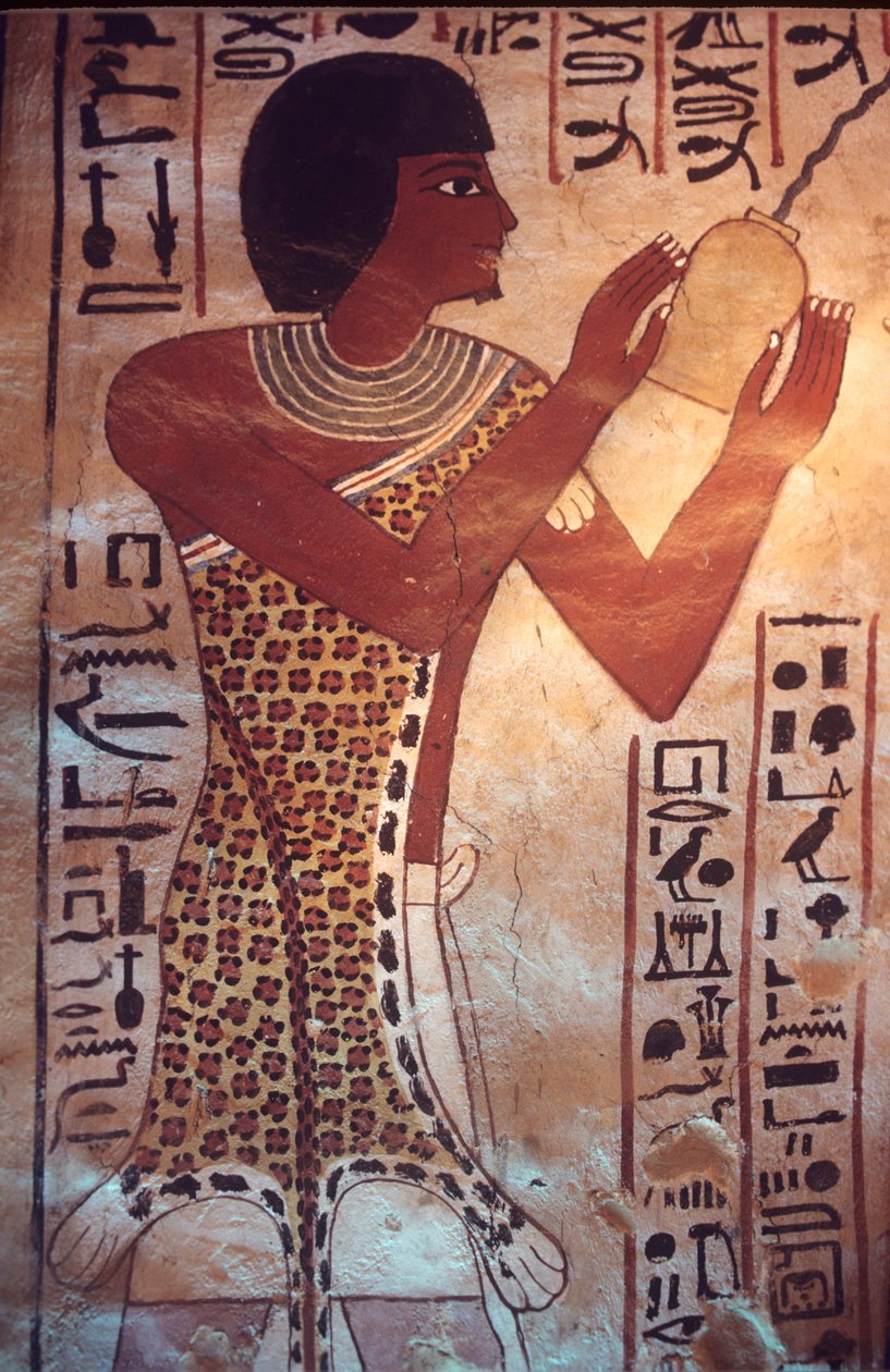 Det gamle Egypten, Sennufers grav, Theben, Luxor, vægmaleri, fresko, vægmaleri, Sennufers søn leder begravelsesfesten, iført kappe af leopardskind af Egyptian Egyptian