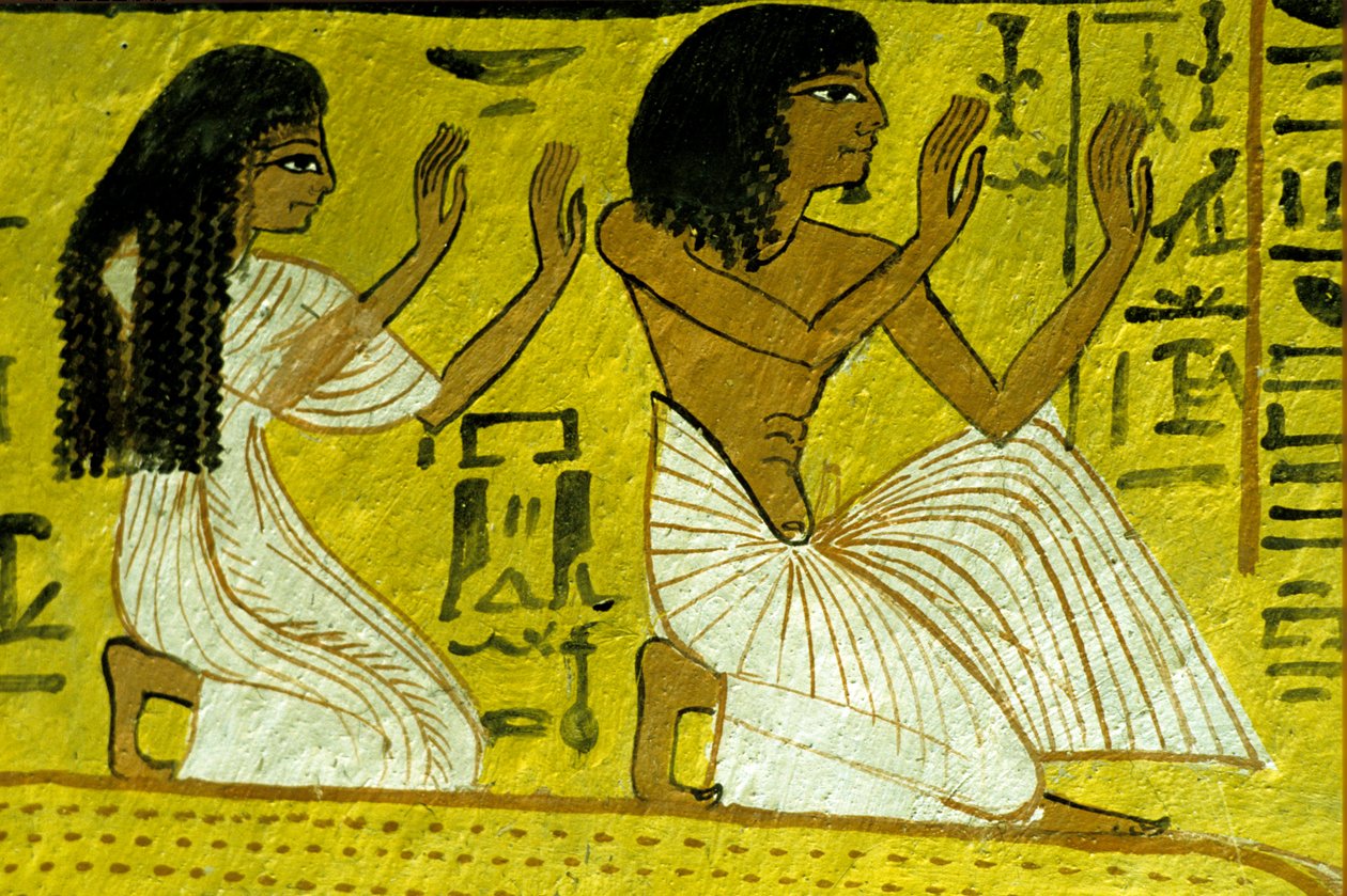 Det gamle Egypten, Vægmaleri, Sennedjem og hans kone knæler for guderne, Sennedjems grav, Theben, Deir el Medina af Egyptian Egyptian
