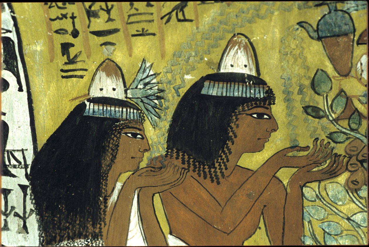 Det gamle Egypten, Vægmaleri, Sennedjem og hustru tilbeder Isis i Persea-træet, Sennedjems grav, Theben, Deir el Medina af Egyptian Egyptian