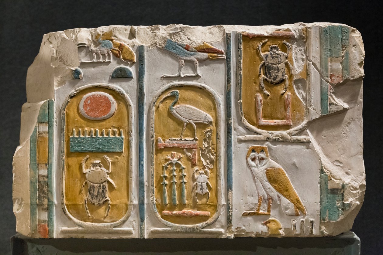 Udskåret væg, der repræsenterer tre kartoucher af kong Thutmosis I og III af Egyptian Egyptian