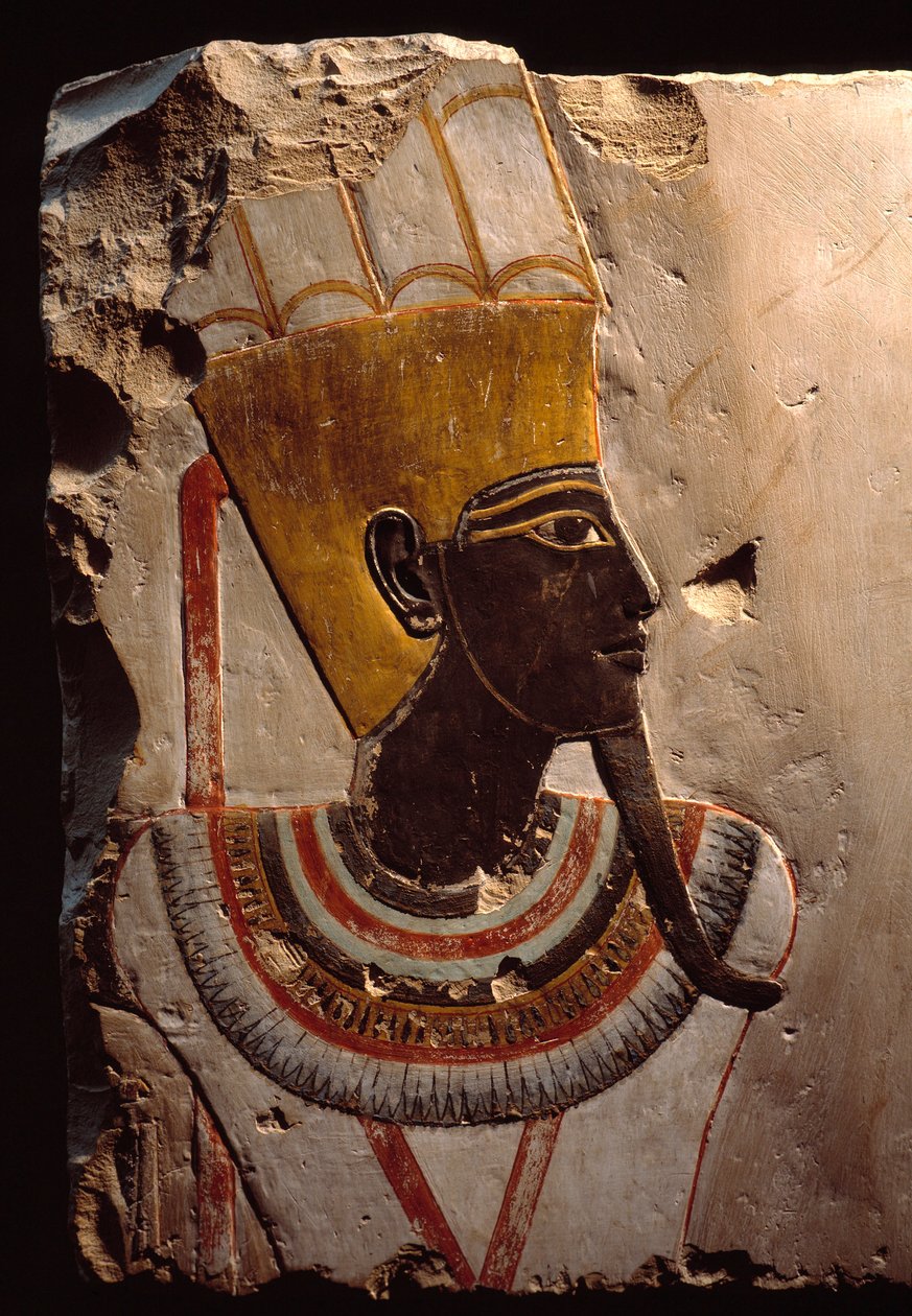 Egyptisk antikvitet: detalje af et maleri på kalksten, der forestiller frugtbarhedsguden Amon Min (Amon-Min). Luxor, egyptisk kunstmuseum af Egyptian Egyptian