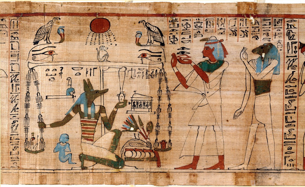 Egyptisk antikvitet: sjælens vejning - Detalje af Book of Dead, papyrus bevaret på det egyptiske museum i Torino, Italien af Egyptian Egyptian