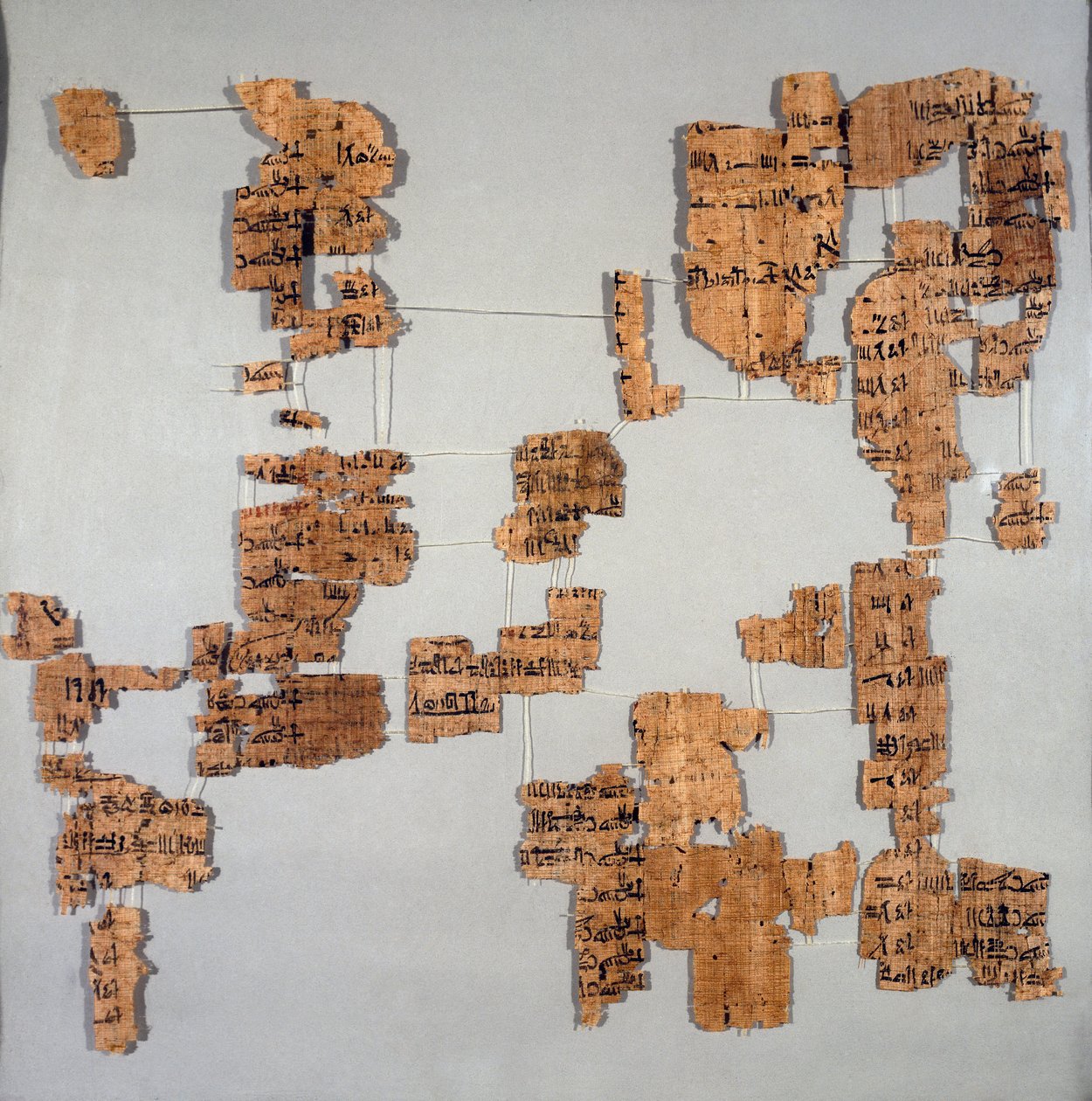 Egyptisk antiquitis: fragmenter af papyrusen kendt som den kongelige kanon eller "Papyrus royal", der indeholder listen over faraoer fra det 1. til det 17. dynasti. Torino, egyptisk museum af Egyptian Egyptian
