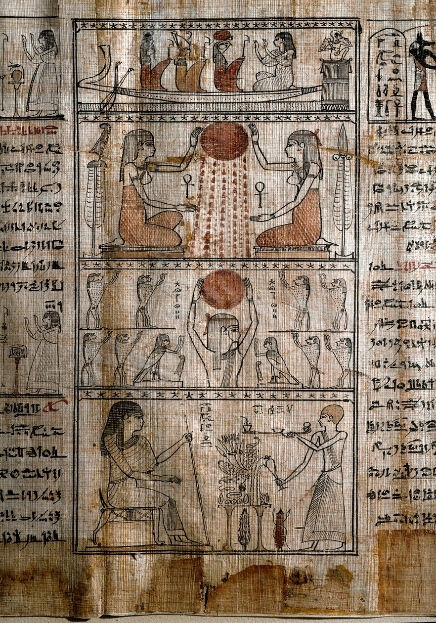 Egyptisk antikvitet: solsymbologi. papyrus af en dødebog. Ptolemæisk periode. Torino, Egyptisk Museum - Det gamle Egypten: solens livgivende kraft. Papyrus fra de dødes bog. Ptolemæisk periode. Egyptisk Museum, Torino, Italien af Egyptian Ptolemaic Period