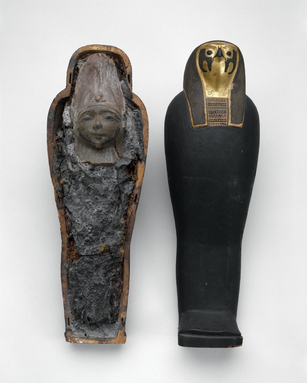 Falkeformet kiste med kornmumie, 332-30 f.Kr. (malet og forgyldt træ, korn, jord, linned og voks) af Egyptian Ptolemaic Period