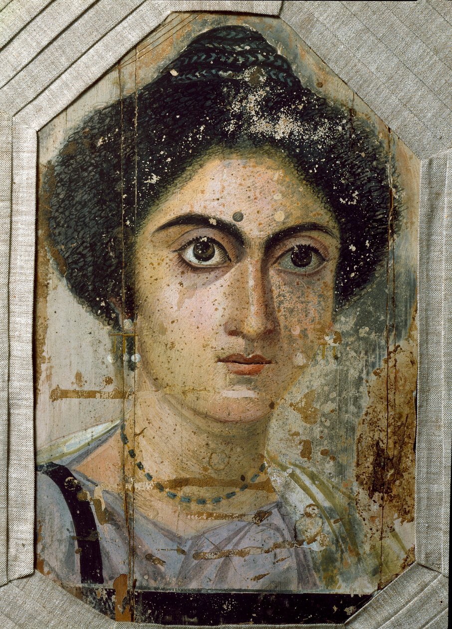 Egyptisk antikvitet: begravelsesportræt af en kvinde. Maling på træ. Slutningen af det 2. århundrede. Fra Fayum (Fayum) i Egypten. Firenze, museo archeologico af Egyptian School