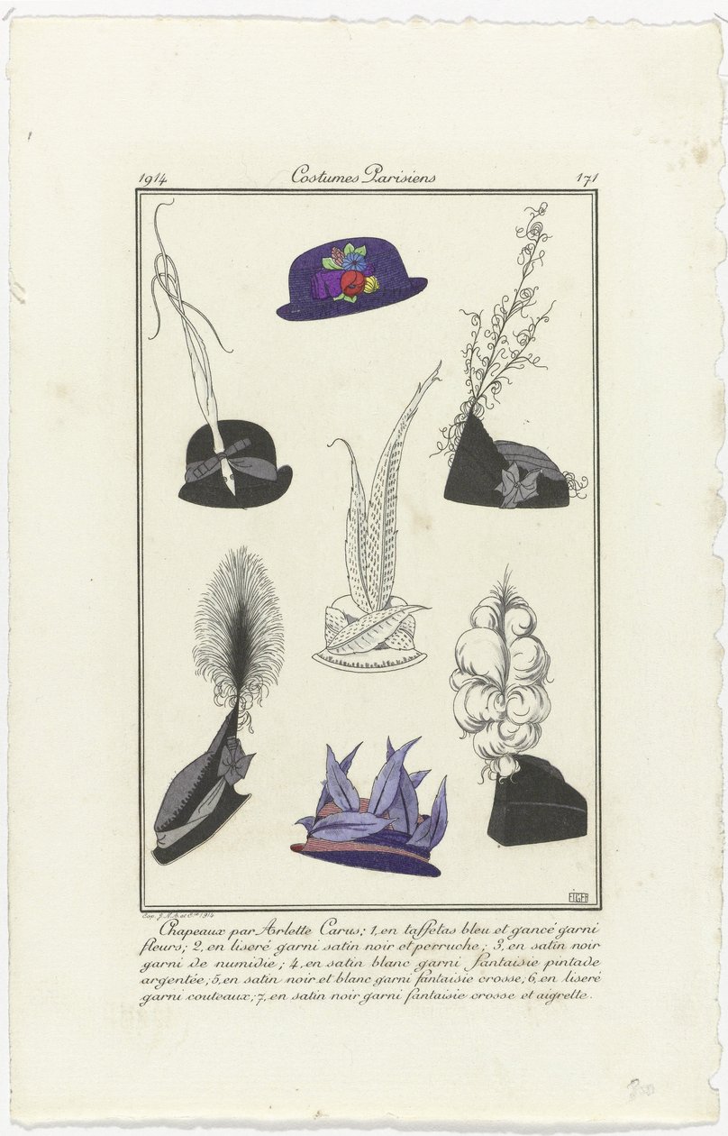 tilbehør Journal des Dames et des Modes, Costumes Parisiens, 1914, nr. 171: Hatte af Arlett (...) af Eiger