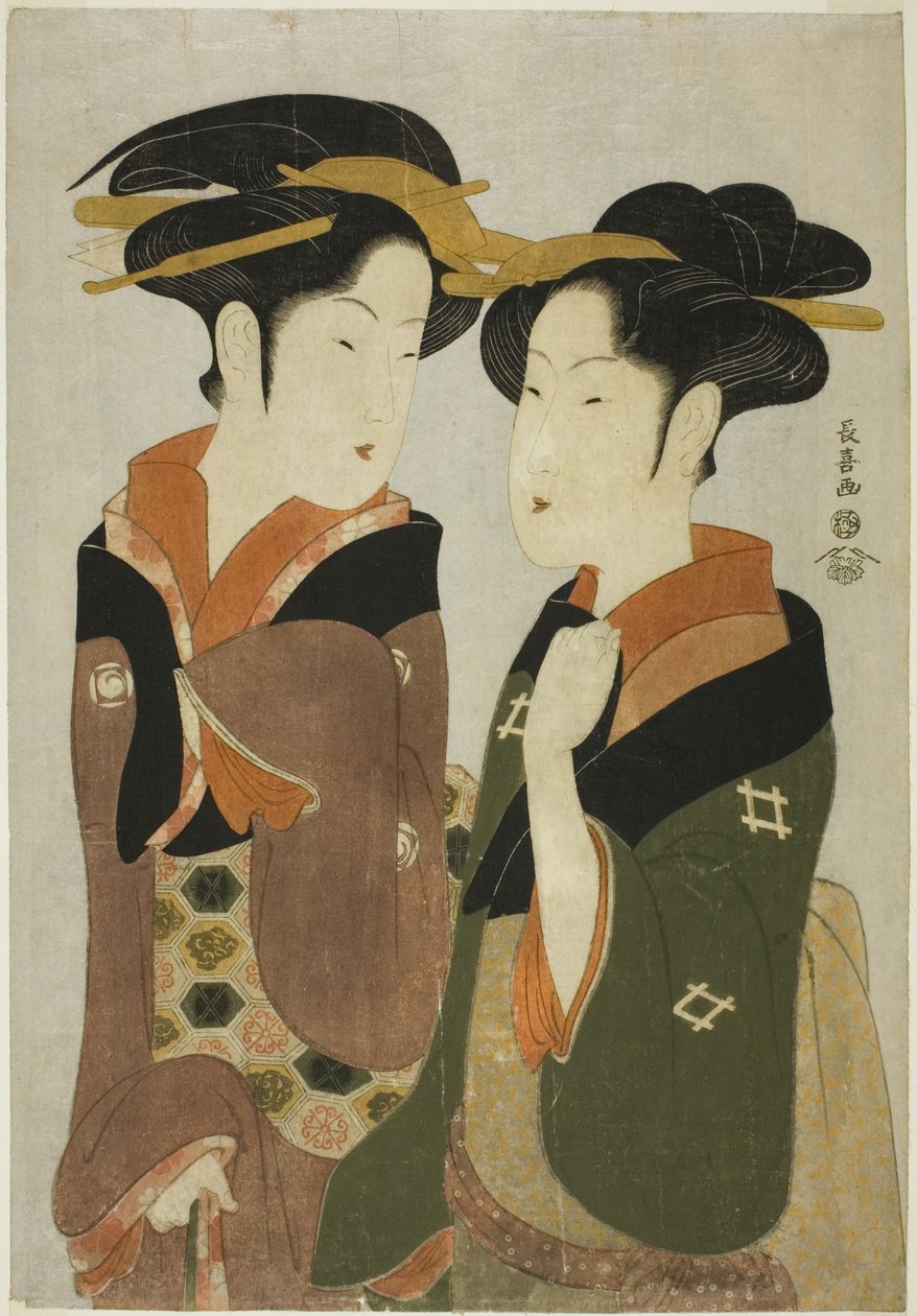Kan, en servitrice fra Izutsuya, og geishaen Fuseya fra Ogiya af Eishōsai Chōki