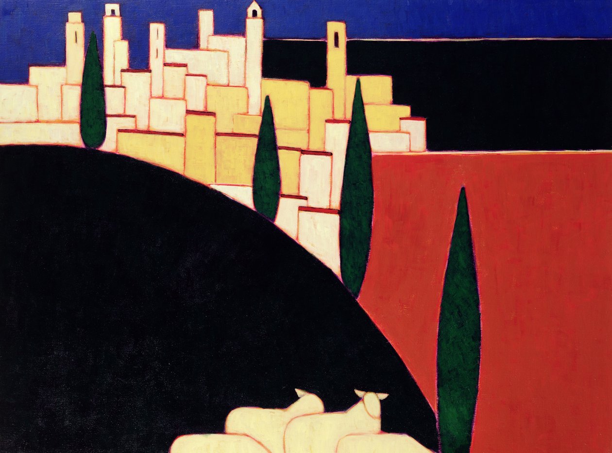 San Gimignano med får, 1999 (akryl på papir) af Eithne Contemporary Artist Donne