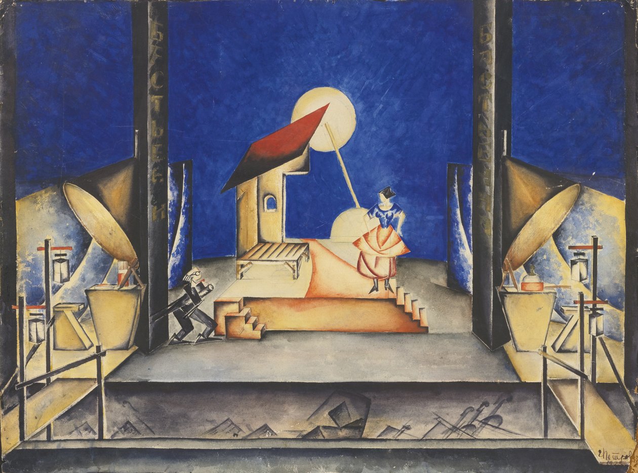 Scenedesign til Opera Bastien und Bastienne af W. A. Mozart, 1925 af Ekaterina Petrova Troitskaya