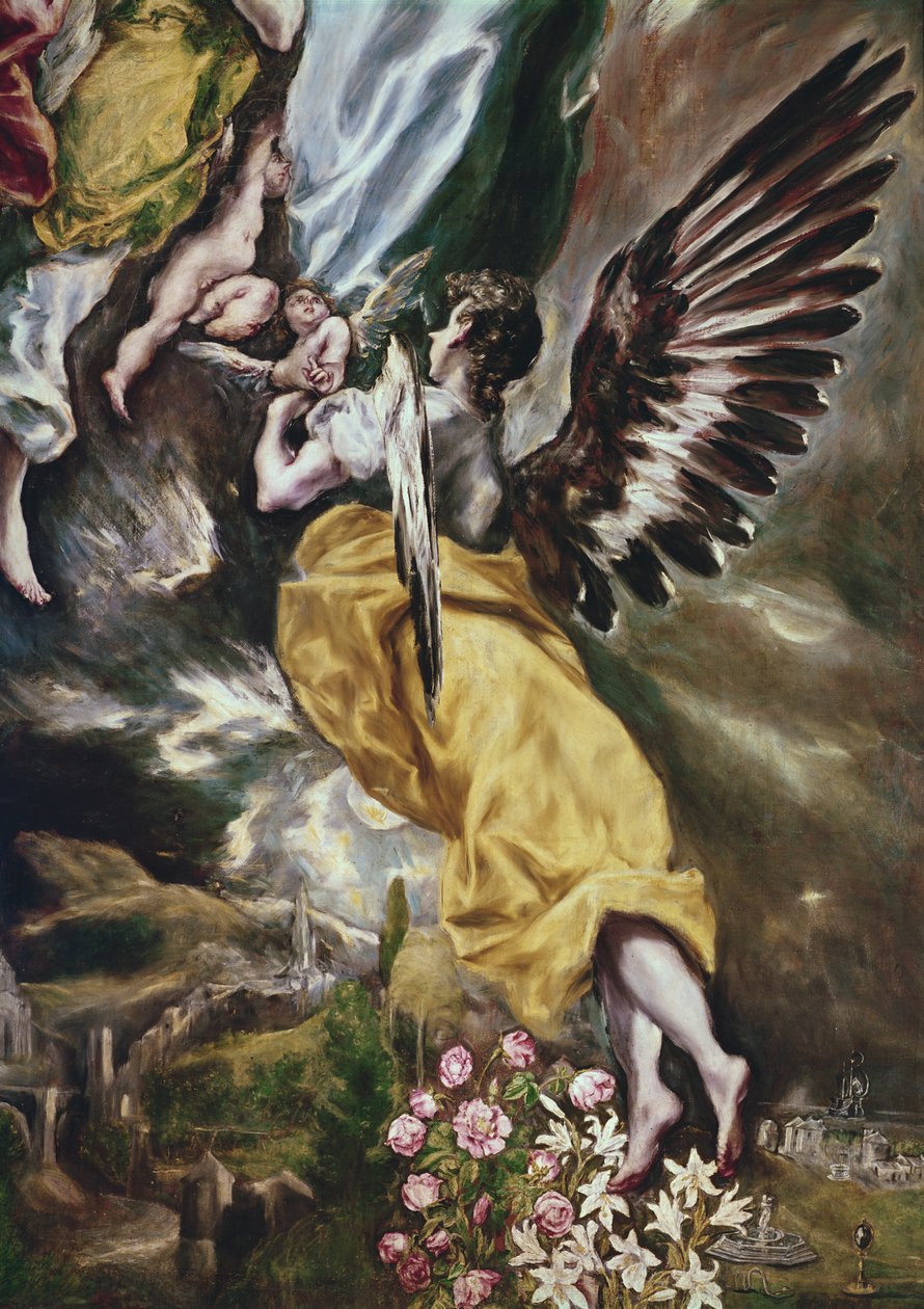 Den ubesmittede undfangelse (detalje af engle, blomster, marianske attributter og Toledo) 1607-13 (se også 90015) af El Greco