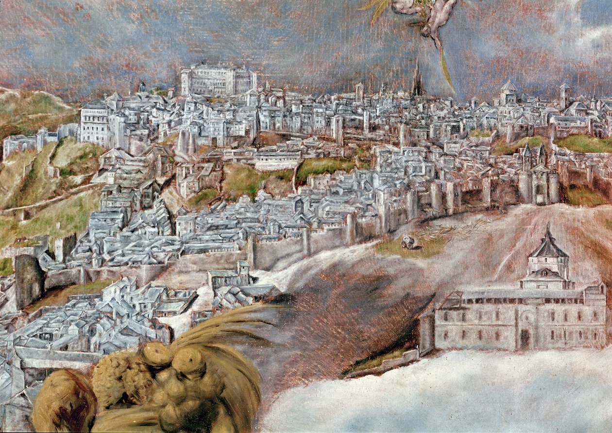 Se og kort over byen Toledo, detalje af Tavera hospitalet, 1609 (detalje af 124615) af El Greco