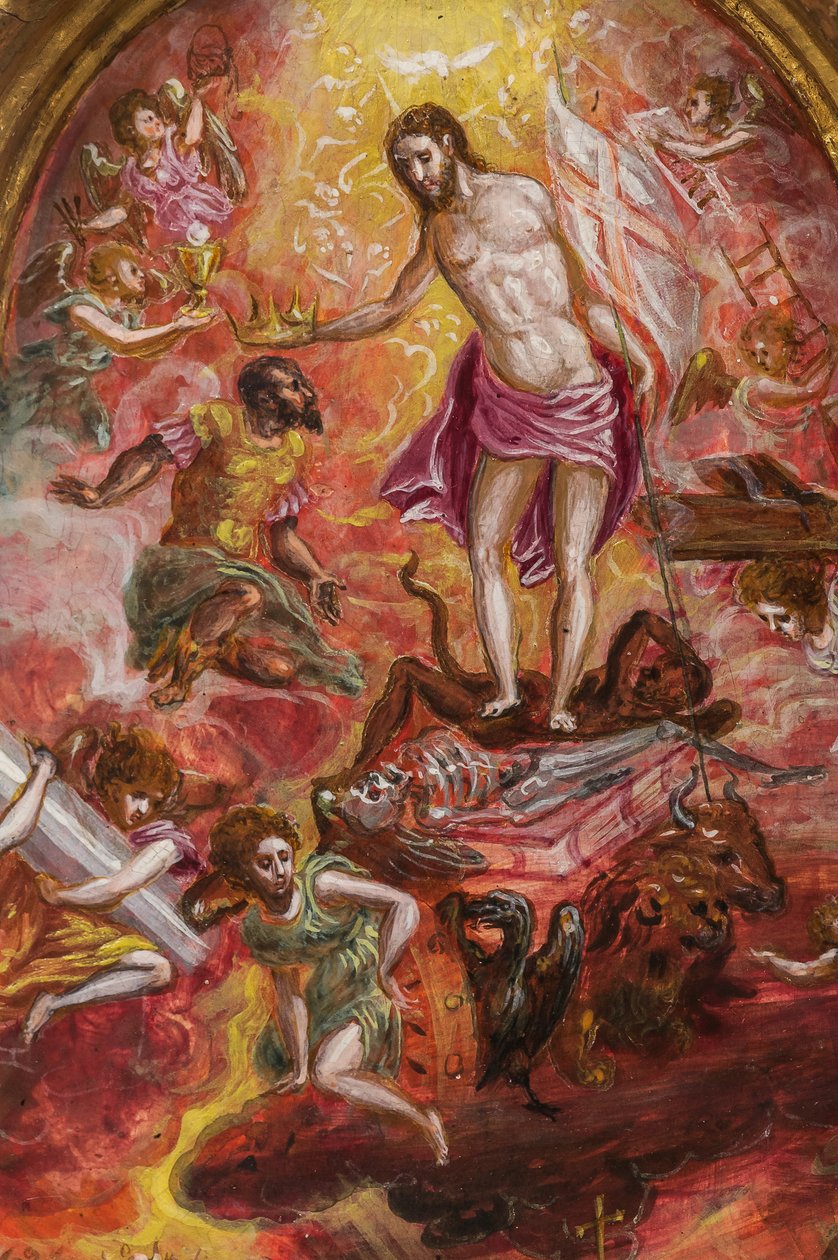 Bærbart alter: centralt panel, der viser en allegori af den kristne ridder, detalje af 2384586 (tempera grassa på panel) af El Greco