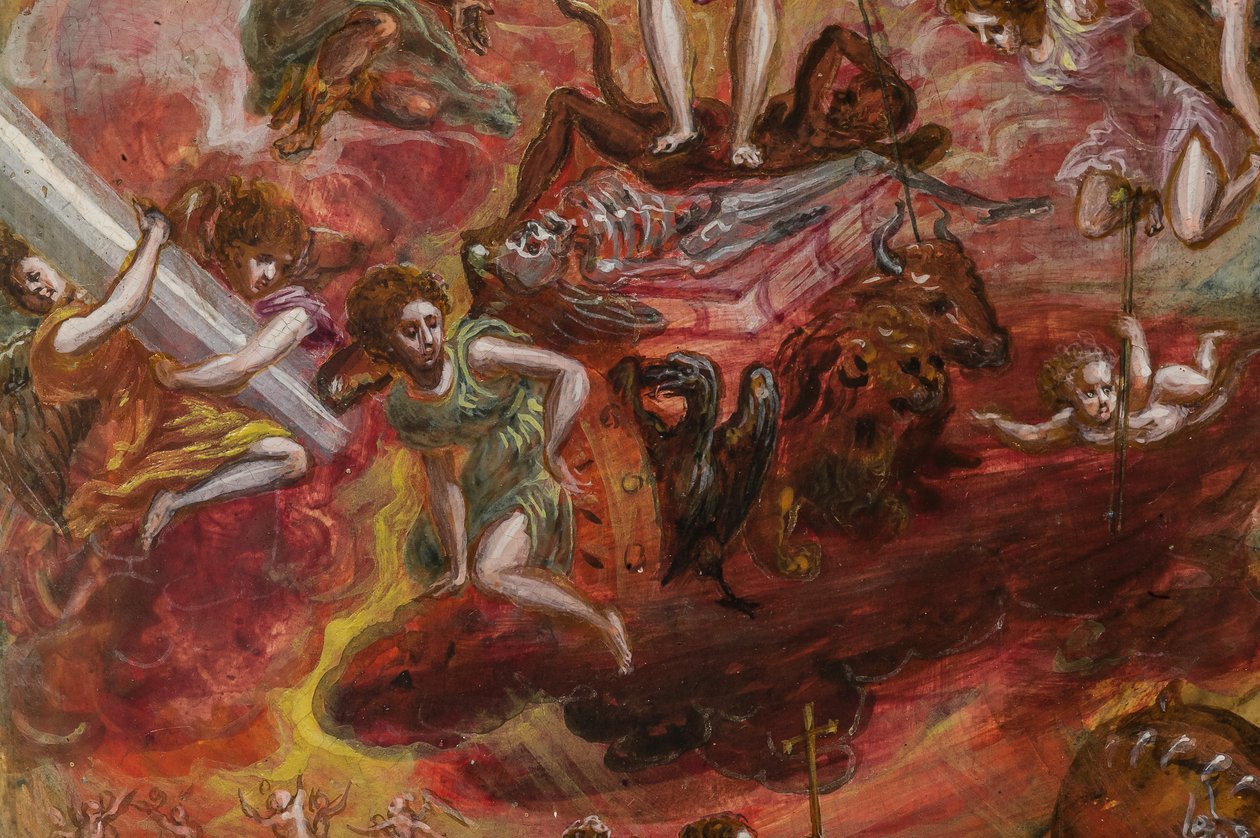 Bærbart alter: centralt panel, der viser en allegori af den kristne ridder, detalje af 2384586 (tempera grassa på panel) af El Greco