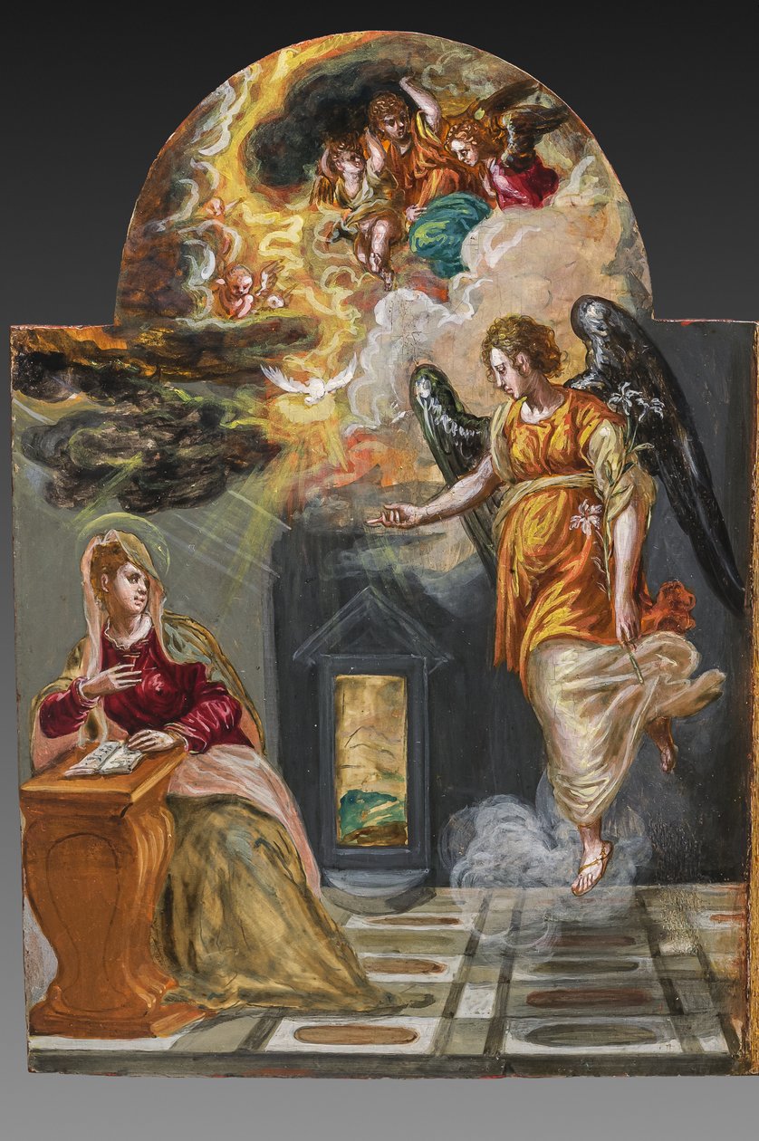 Bærbart alter, venstre dørpanel på bagsiden: Bebudelse, detalje af 2384587 (tempera grassa på panel) af El Greco