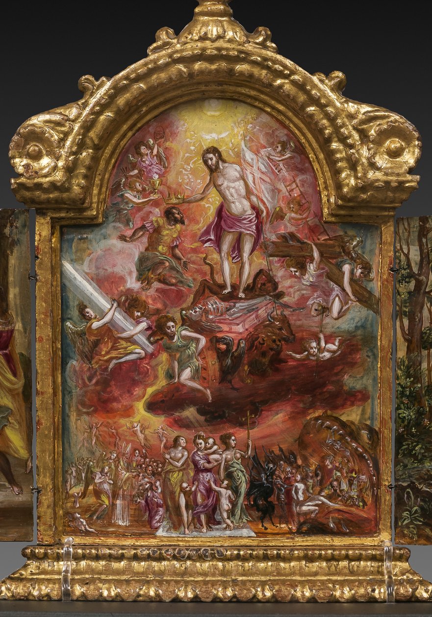 Bærbart alter: midterpanel, der viser en allegori om den kristne ridder, detalje af 2384586 (tempera grassa på panel) af El Greco