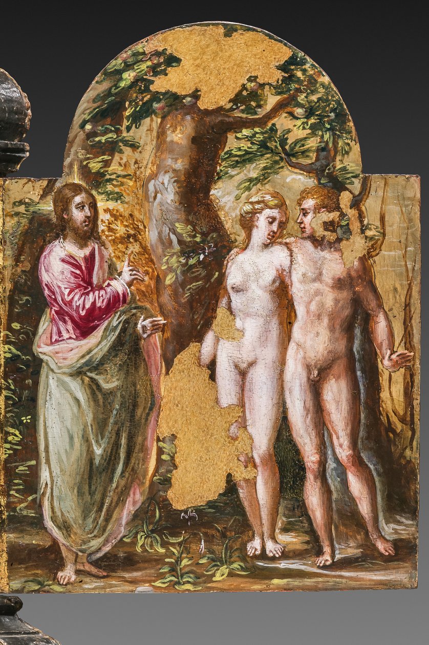 Bærbart alter bagside: Adam og Eva vendt mod den evige fader, detalje af 2384587 (tempera grassa på panel) af El Greco
