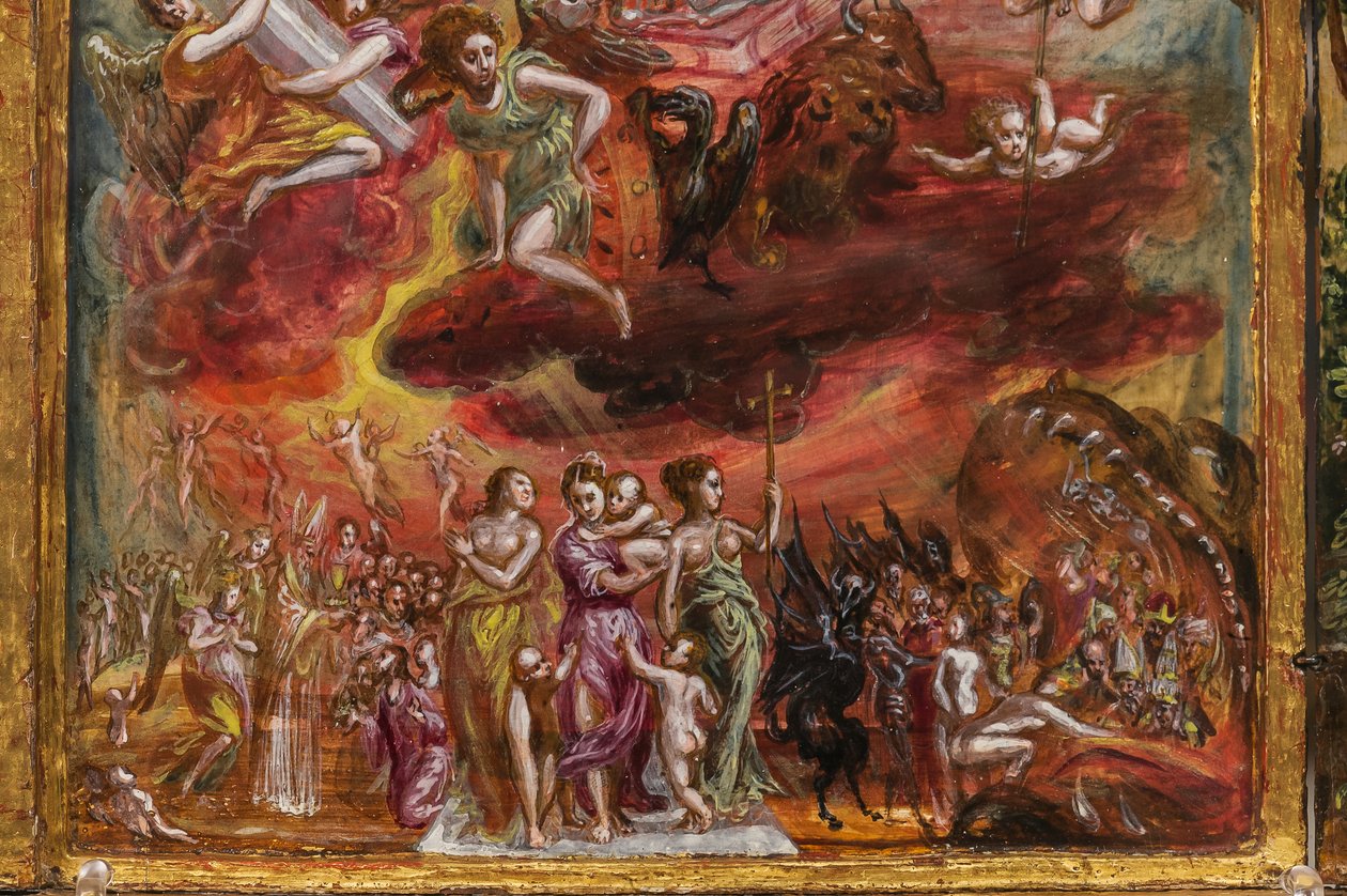 Bærbart alter: centralt panel, der viser en allegori af den kristne ridder, detalje af 2384586 (tempera grassa på panel) af El Greco